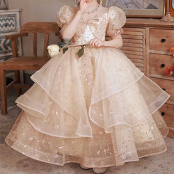 Cute Baby Girl Birthday Party Dress Beaded Bow Princess Dress