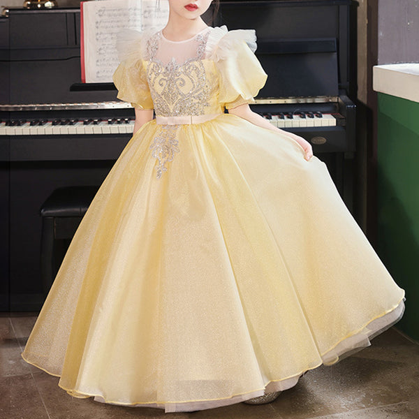 Elegant Baby Yellow Mesh Sequin Party Dress Toddler Birthday Costume Princess Dress
