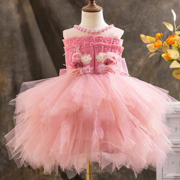 Elegant Baby Floral Beaded Mesh Puff Princess Dress Toddler Ball Gowns