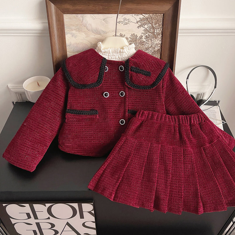 Cute Warm Girls Christmas Dress New Year Two-piece  Suit