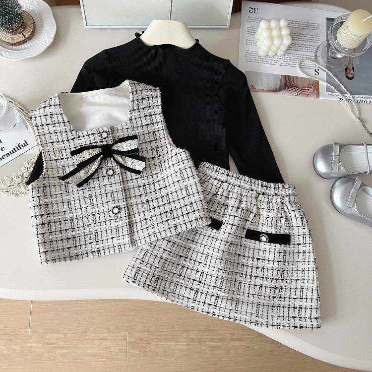 Girls' New Autumn Vest Bottoming Shirt and Short Skirt Three-piece Set