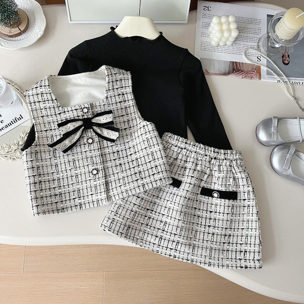 Girls' New Autumn Vest Bottoming Shirt and Short Skirt Three-piece Set