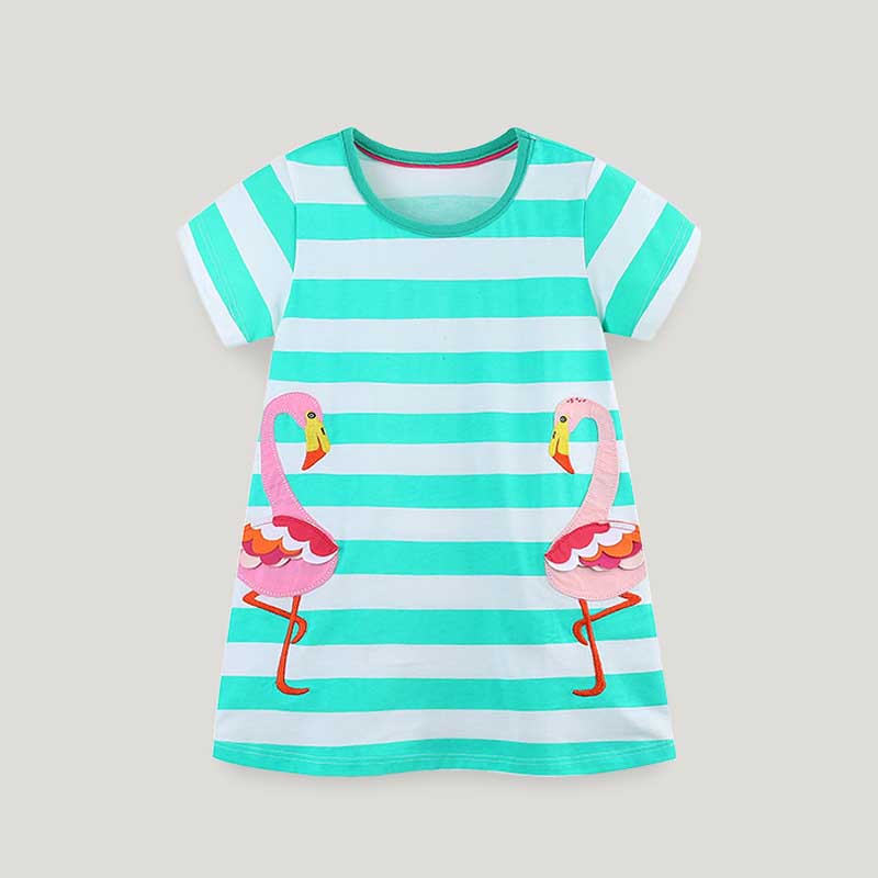 Girls Cartoon Embroidered Patch Striped Round Neck Princess Dress