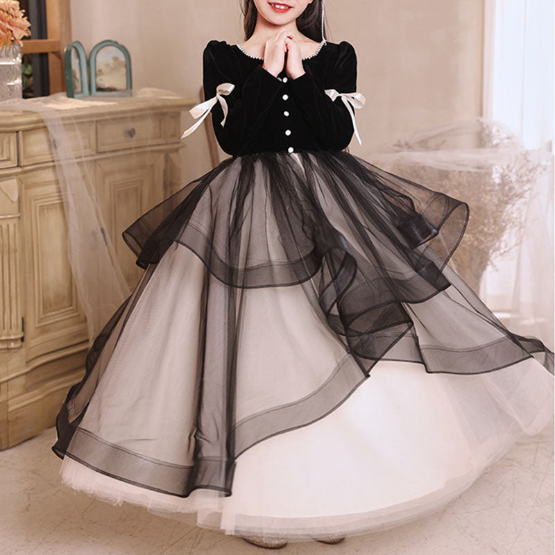 Elegant Baby Girls Black and White Long Sleeve Puffy Performance Princess Dress Toddler Birthday Party Princess Dress