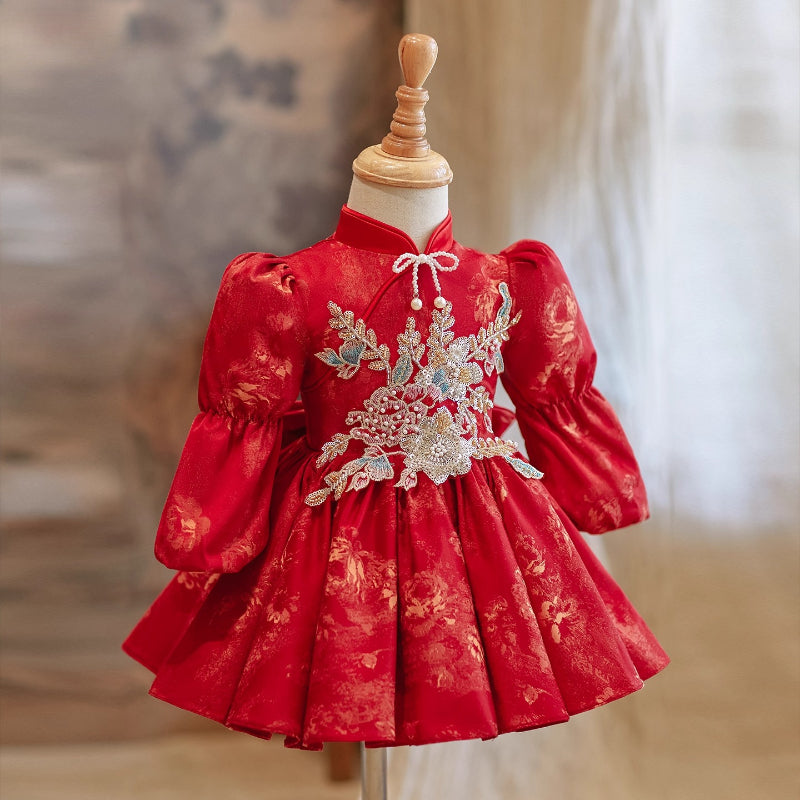 Girls Red Birthday Dress Children Christmas Cheongsam Baby Princess Dress
