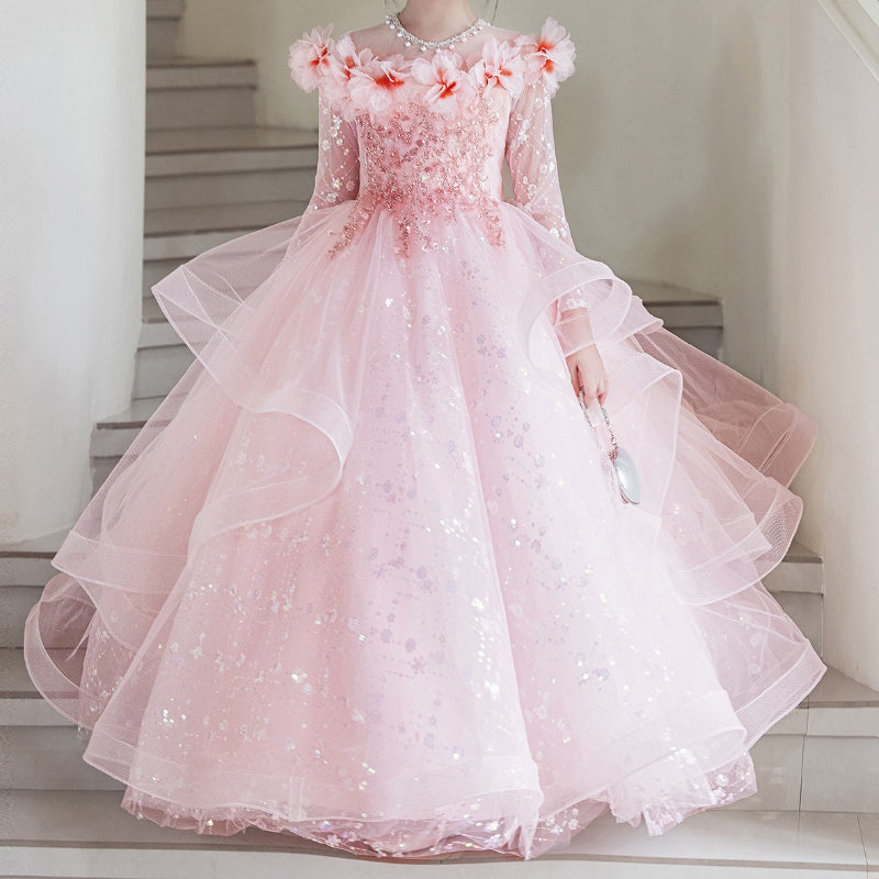 Pink Girls Birthday Dress Flower Girl Wedding Princess Dress Children's Prom Dress, Pink / 4-5 Years (120cm)