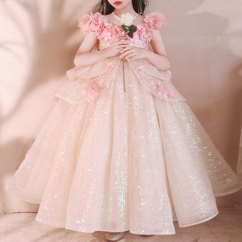pink princess christening dresses Elegant Baby Girls Pink Sequin Pattern Evening Dress Toddler Christening Dresses