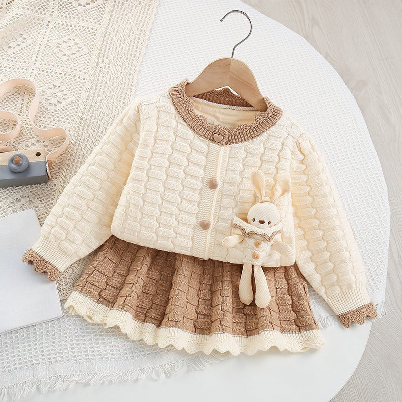 Girls' Cartoon Knitted Cardigan Short Skirt Two-Piece Set