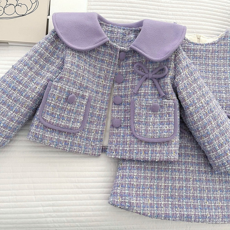 Girls' Winter Collared Plaid Coat Vest Dress Two-Piece Set