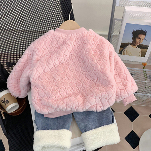 Cute Girls' Plush Bunny Two-piece Sweater and Jeans Set