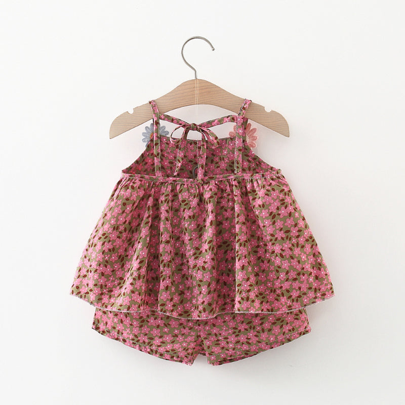 Baby Girl Summer Floral Suspender and Shorts Two-piece Set