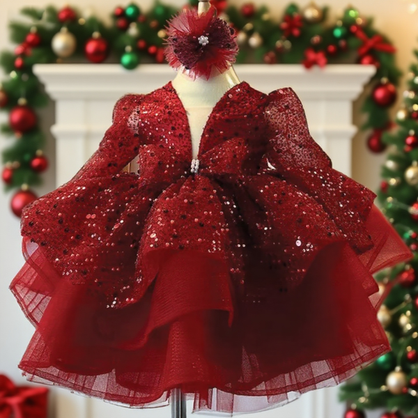 Girls Formal Dress Christmas Dress Toddler Sequin Birthday Princess Dress, Wine red / 0-1 Year (80cm)