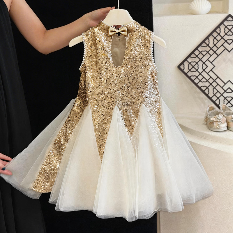 blue dress for baby girl Summer Girls Birthday Dress Flower Girl Sequin Princess Dress, Beige / 7-8 Years (140cm)