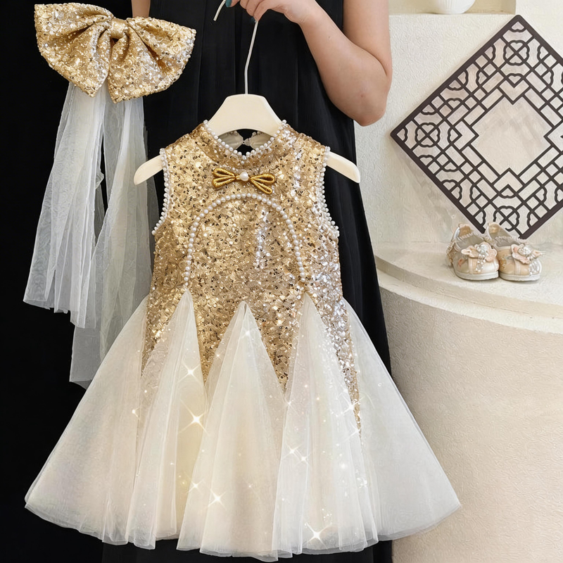 Summer Girls Birthday Dress Flower Girl Sequin Princess Dress, Beige / 7-8 Years (140cm) Summer Girls Birthday Dress Flower Girl Sequin Princess Dress, Beige / 7-8 Years (140cm)