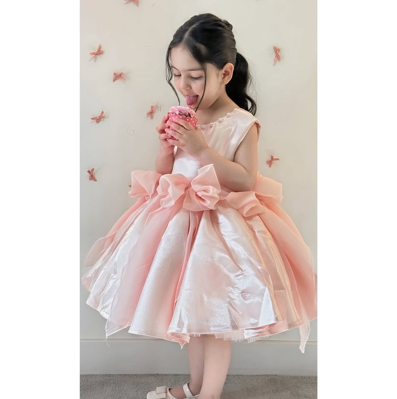 Elegant Baby Pink Sleeveless Bow Puff Dress Toddler Party Dresses
