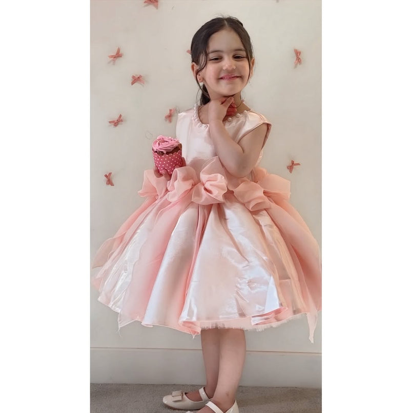 Elegant Baby Pink Sleeveless Bow Puff Dress Toddler Party Dresses
