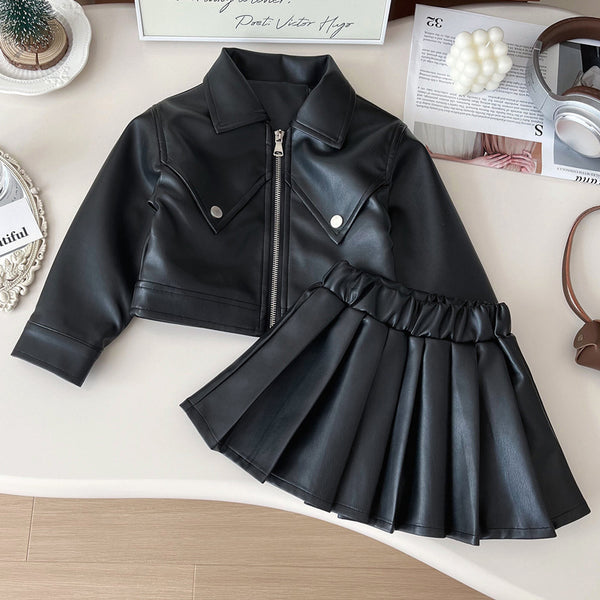 Girls Autumn Pu Leather Jacket Pleated Skirt Two-piece Suit