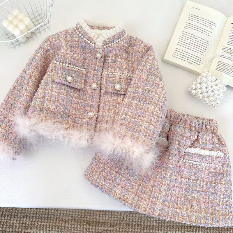 Girls' Winter Plaid Coat and Skirt Two-Piece Set