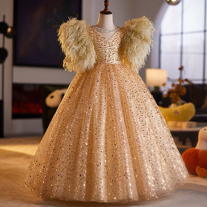 birthday dresses for teens Girls Prom Evening Dress Children's Birthday Party Dress, Gold / 11-12 Years (160cm)