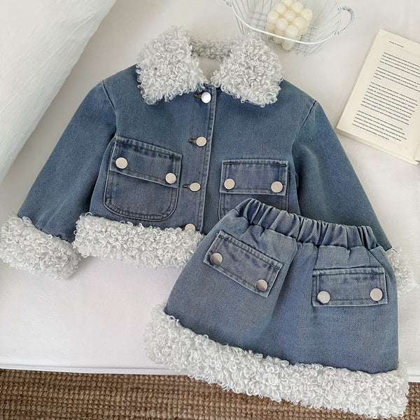 New Girls' Fur-lined Denim Jacket Skirt Two-Piece Set