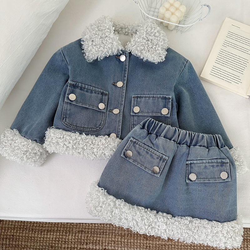 New Girls' Fur-lined Denim Jacket Skirt Two-Piece Set