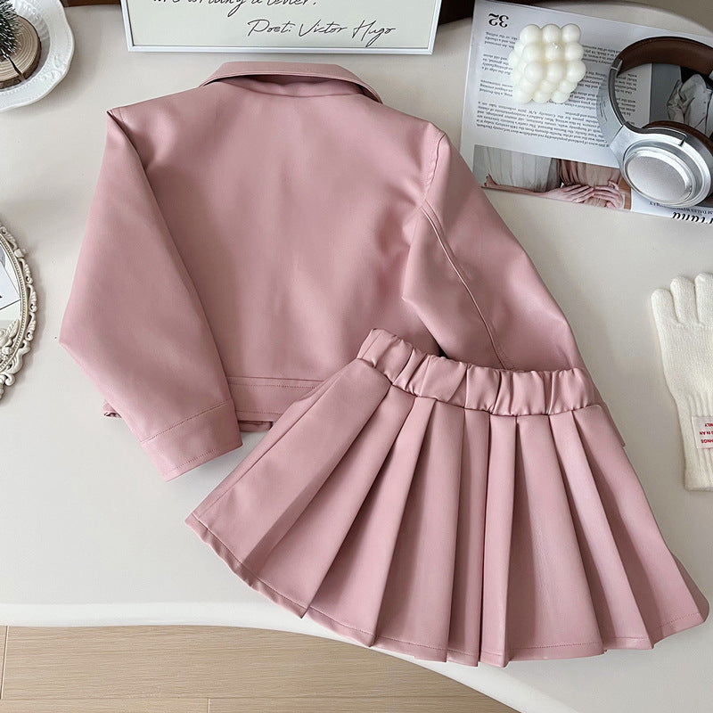 Girls Autumn Pu Leather Jacket Pleated Skirt Two-piece Suit