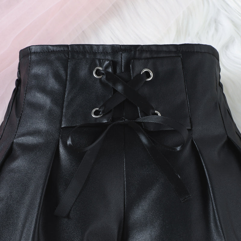 Girls Summer Flower Suspender PU Leather Shorts Two-piece Set