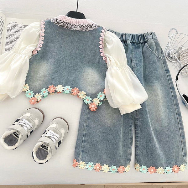 Girls' Soft Denim Vest Bottoming Shirt and Jeans Three-piece Set
