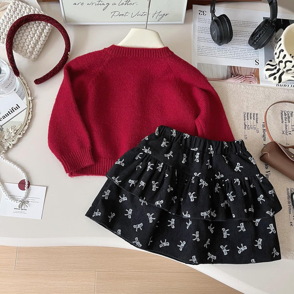 Girls' Knitted Sweater Cardigan Bow Skirt Two-piece Set