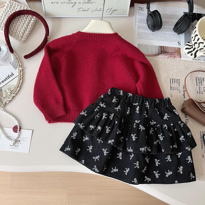 Girls' Knitted Sweater Cardigan Bow Skirt Two-piece Set
