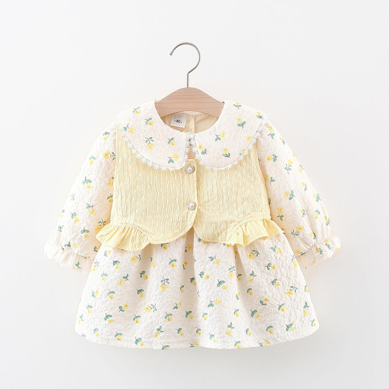 Cute Girls Autumn Printed Fake Two Piece Princess Dress
