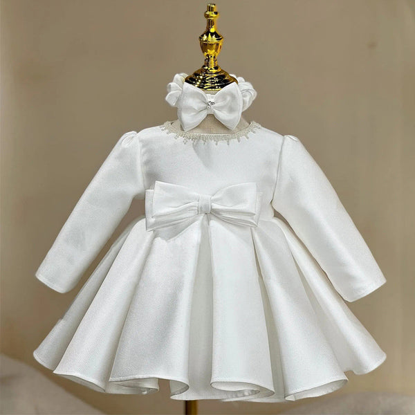 Elegant Baby Long-sleeved White Round Neck Birthday Dress Toddler Flower Girl Dress
