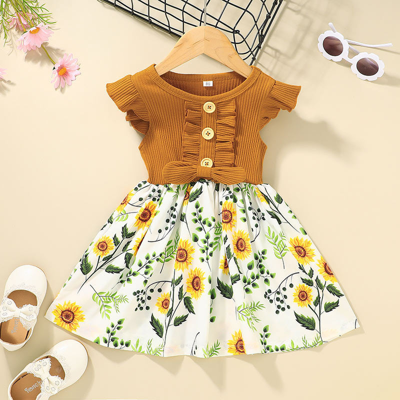 Summer Girls Flying Stitching Flower Print Dress