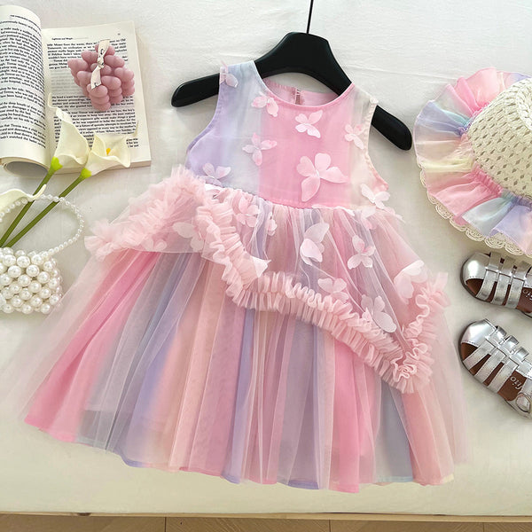 Girls Summer Rainbow Mesh Sleeveless Puffy Dress