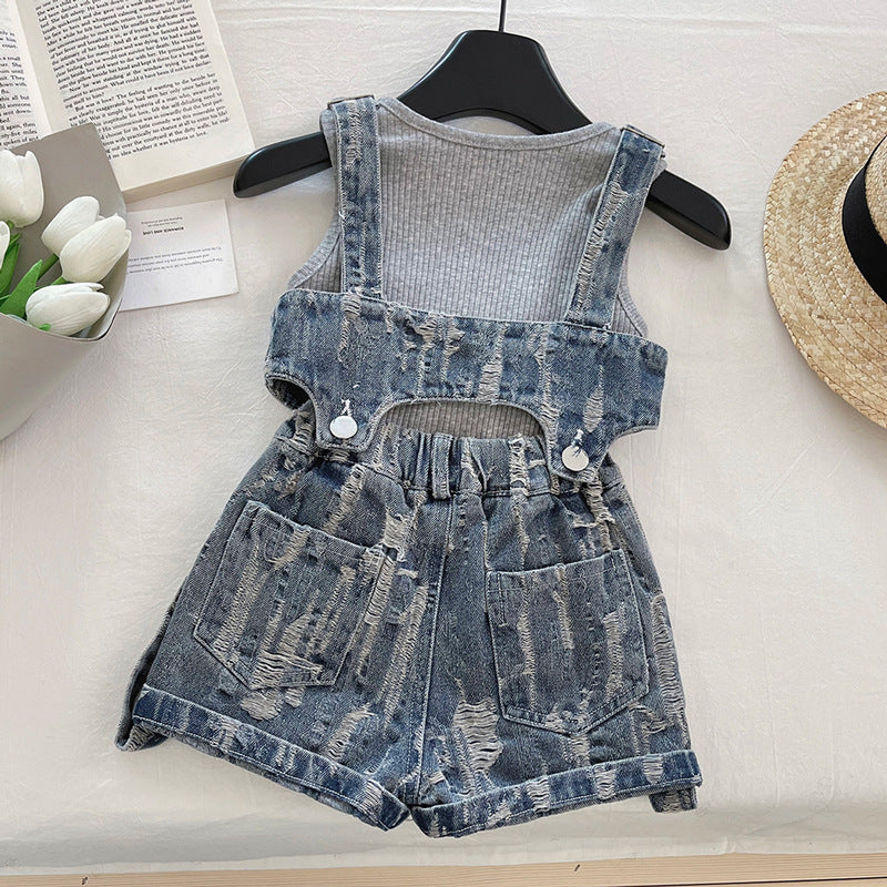 Girls Denim Overalls Shorts Bottoming Shirt Three Piece Set