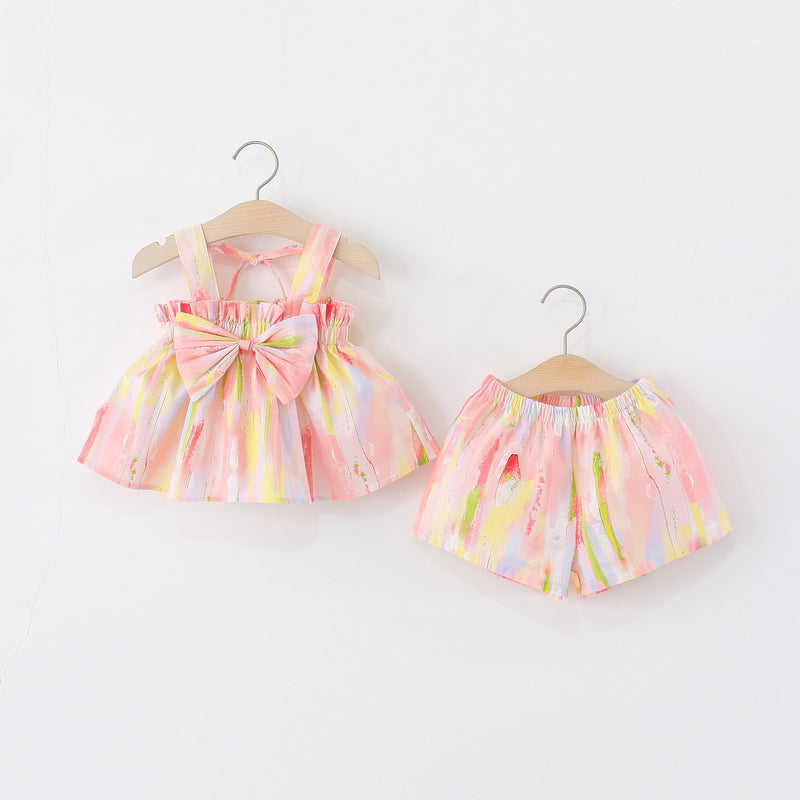 Girls Bowknot Suspender Top Shorts Cotton Two-piece Set