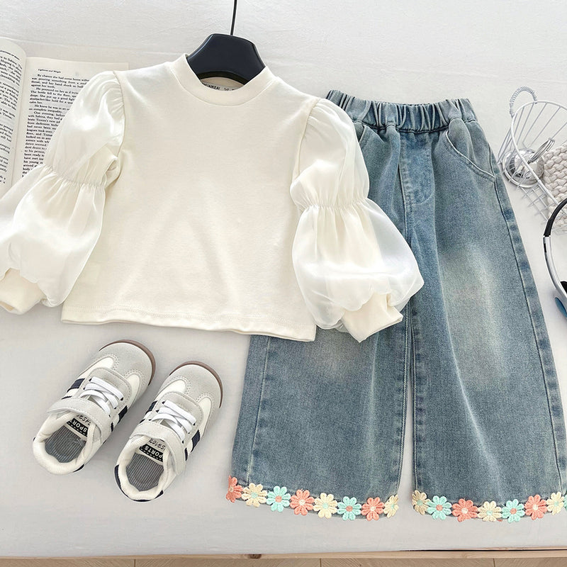 Girls' Soft Denim Vest Bottoming Shirt and Jeans Three-piece Set
