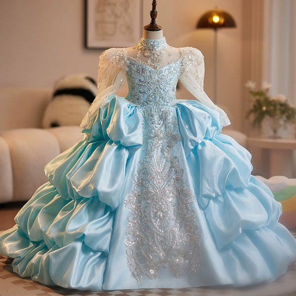 Girls Blue Sequined Dress Flower Girl Wedding Dress Puffy Princess Dress