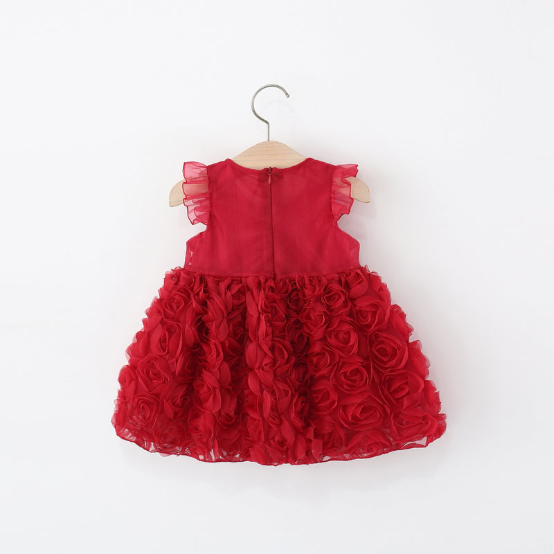 Summer Girls Bowknot Rose Flower Flying Sleeve Dress