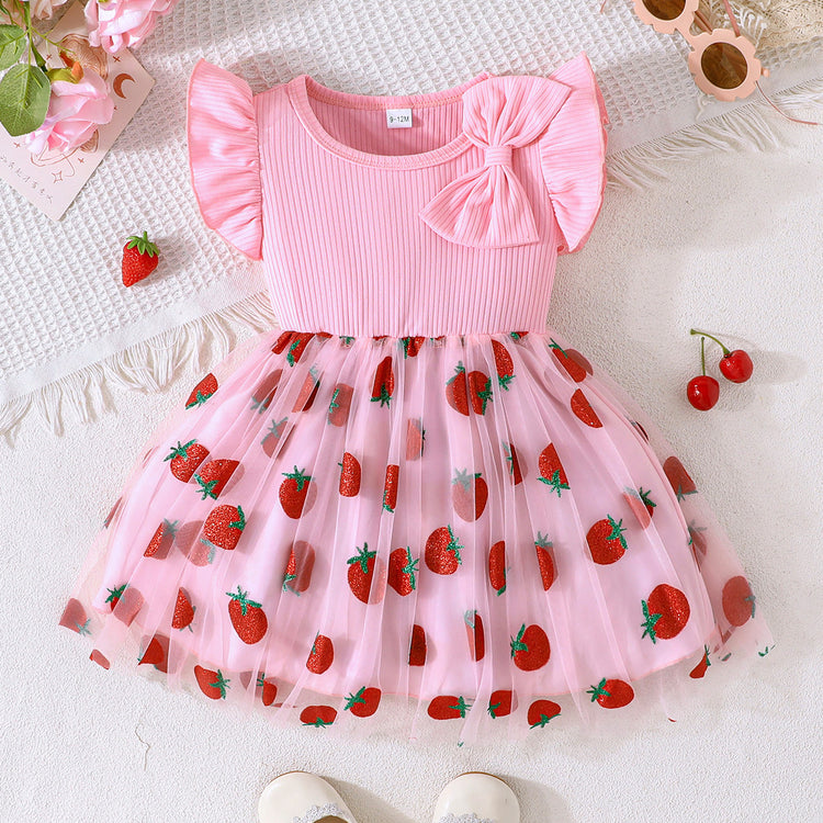 Summer New Girls Cute Strawberry Pattern Mesh Dress