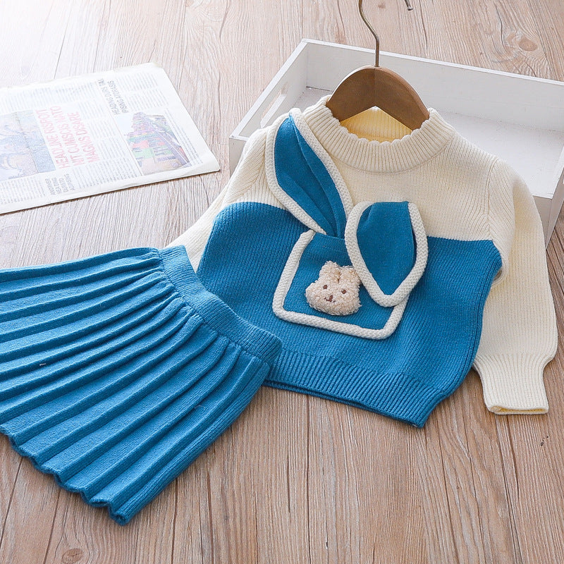 Cute Baby Girl Bunny Sweater Dress Printed Two Piece Winter Dresses