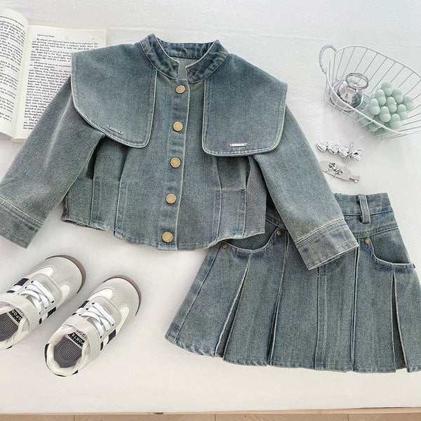 Girls' Autumn Denim Jacket Pleated Skirt Two-Piece Set
