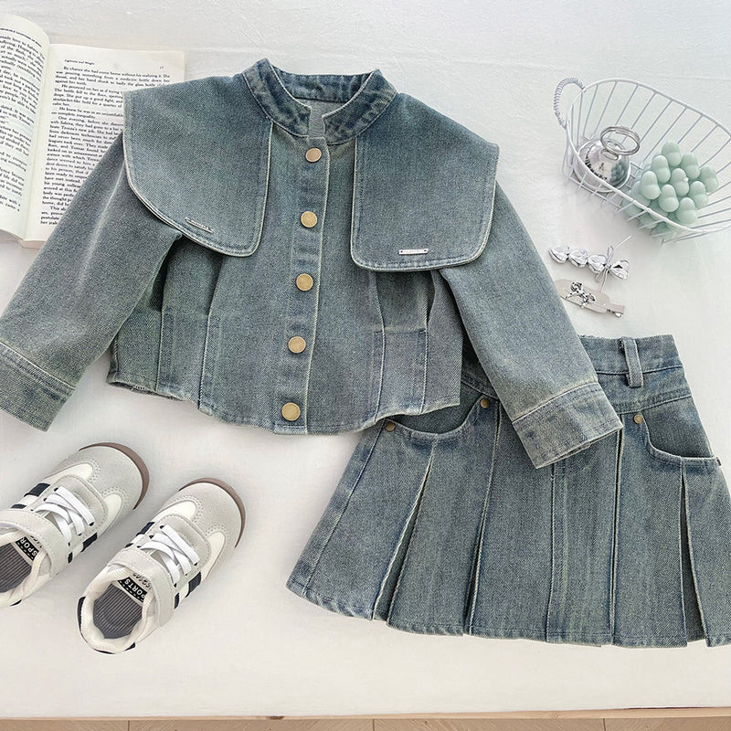 Girls' Autumn Denim Jacket Pleated Skirt Two-Piece Set
