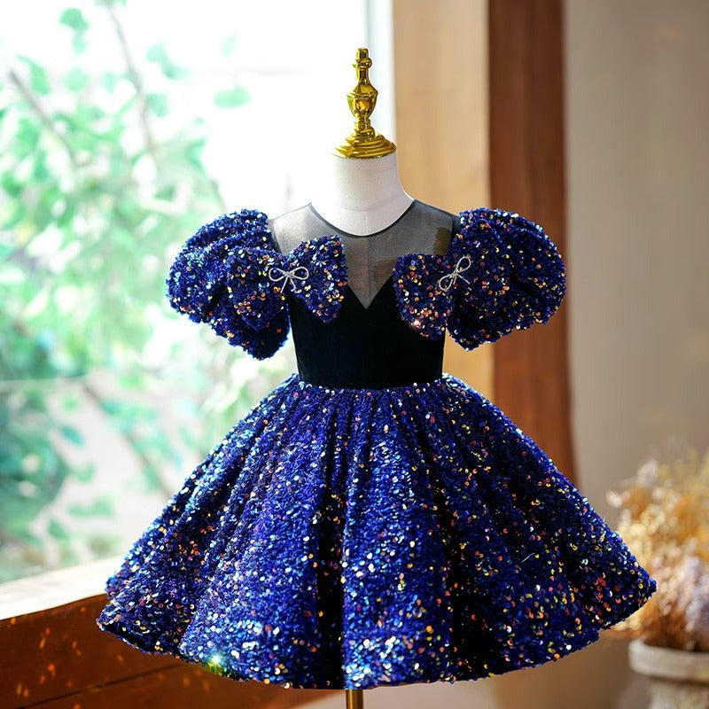 Elegant Baby Girls Dark Blue Sequin Bow Princess Dress Toddler