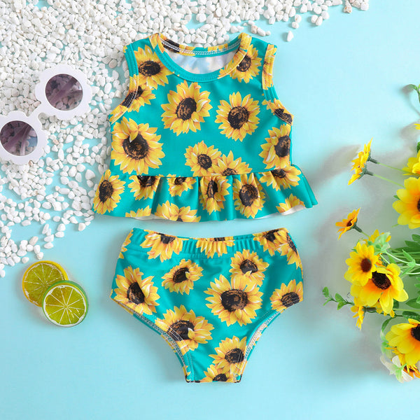 Girls Sunflower Print Ruffled Swimsuit Two-Piece Set