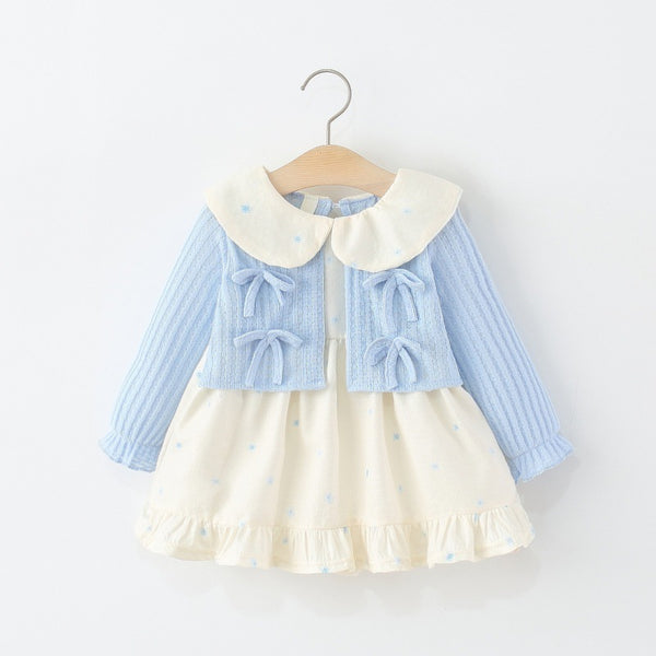 Girls' Doll Collar Floral Bow Fake Two-piece Dress
