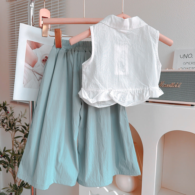 Girls Flying Sleeve Suit Summer Girls Shirt Wide Leg Pants Two-piece Suit
