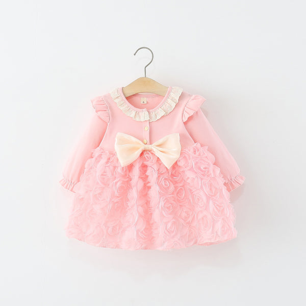 Girls Autumn Long Sleeve Bowknot 3D Rose Princess Dress