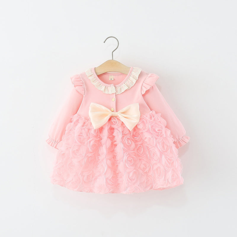 Girls Autumn Long Sleeve Bowknot 3D Rose Princess Dress