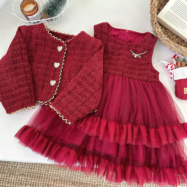 Winter Girls' New Year Coat Vest Dress Two-piece Suit